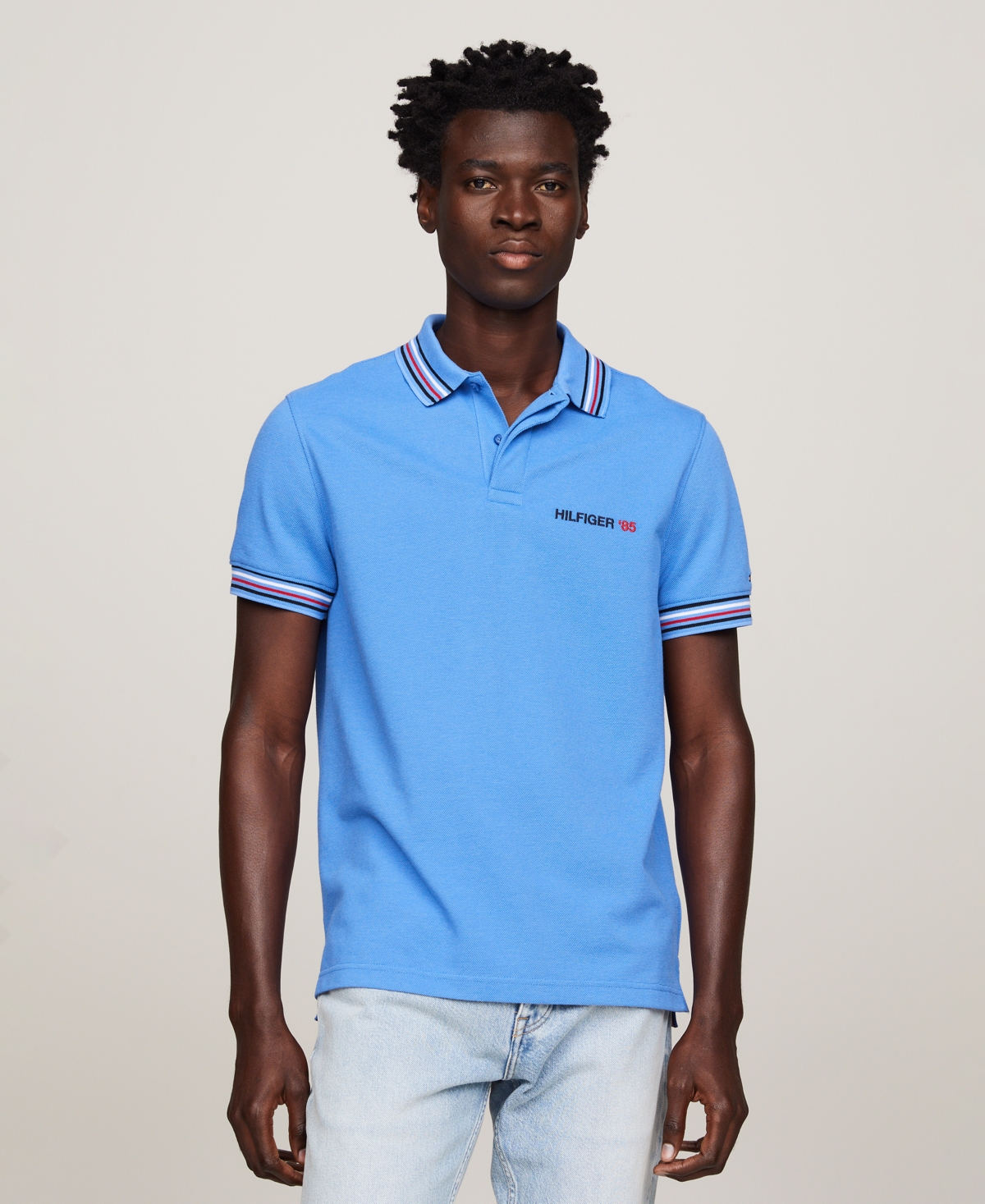 Tommy Hilfiger Men's Bubble Stitch Contrast Global Stripe Short Sleeve Polo Shirt In Blue Spell
