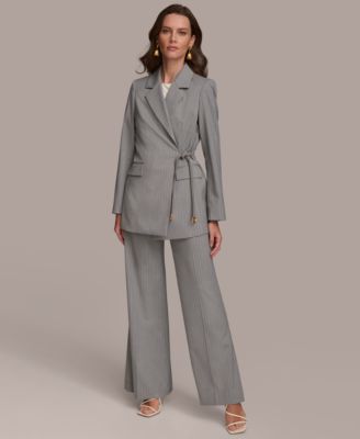 Shop Donna Karan Womens Pinstripe Tie Waist Blazer Wide Leg Pants In Light Gray,white