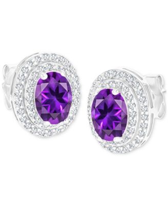 Amethyst & Lab Grown White Sapphire, Oval Halo Birthstone Stud Earrings in Sterling Silver