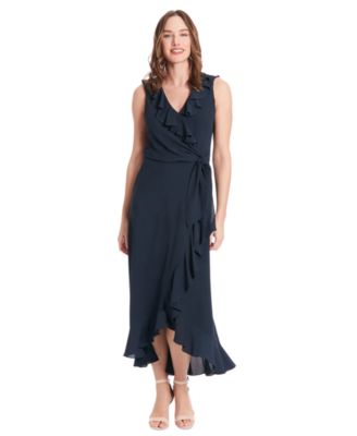 London Times Women's Ruffle-Front Tie-Waist Maxi Dress - Macy's