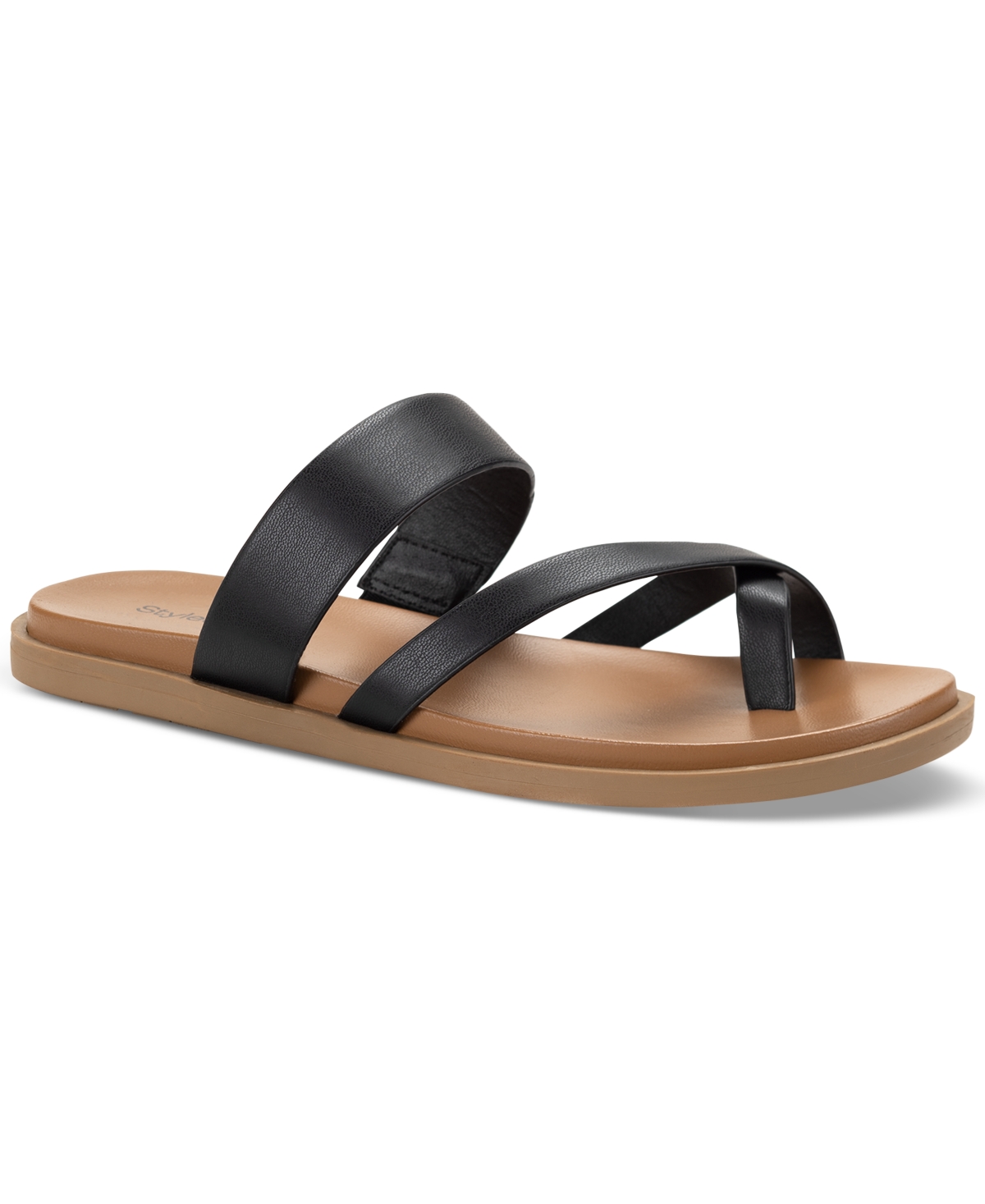 Shop Style & Co Women's Cordeliaa Slip-on Strappy Flat Sandals, Created For Macy's In Black Smooth