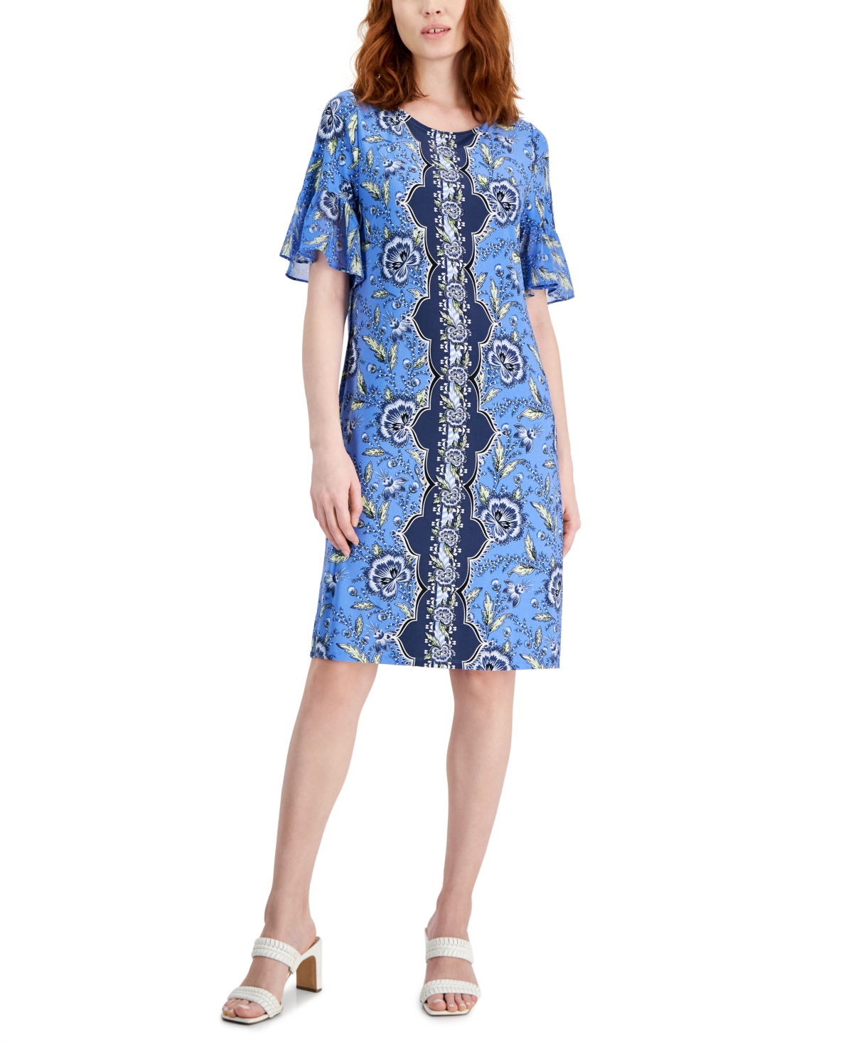 Women's Printed Short Sleeve A-Line Dress, Created for Macy's - Watery Blue Combo
