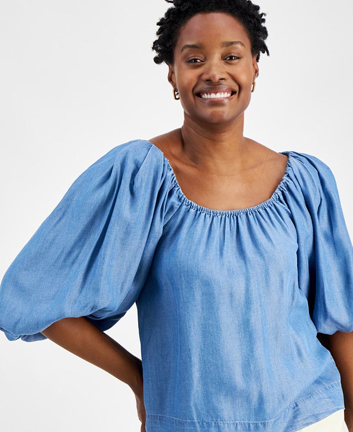 On 34th Women's Chambray Balloon-Sleeve Top, Created for Macy's - Macy's
