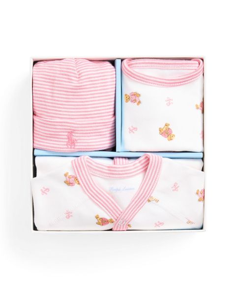 Детский хлопковый подарочный набор Polo Ralph Lauren Polo Bear для девочки, 3 предмета, цвет: Разноцветный / Розовый