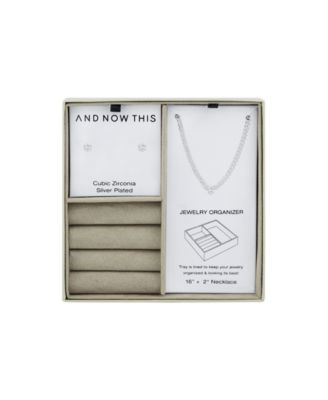 Cubic Zirconia Stud Earring and Necklace with Jewelry Box Set
