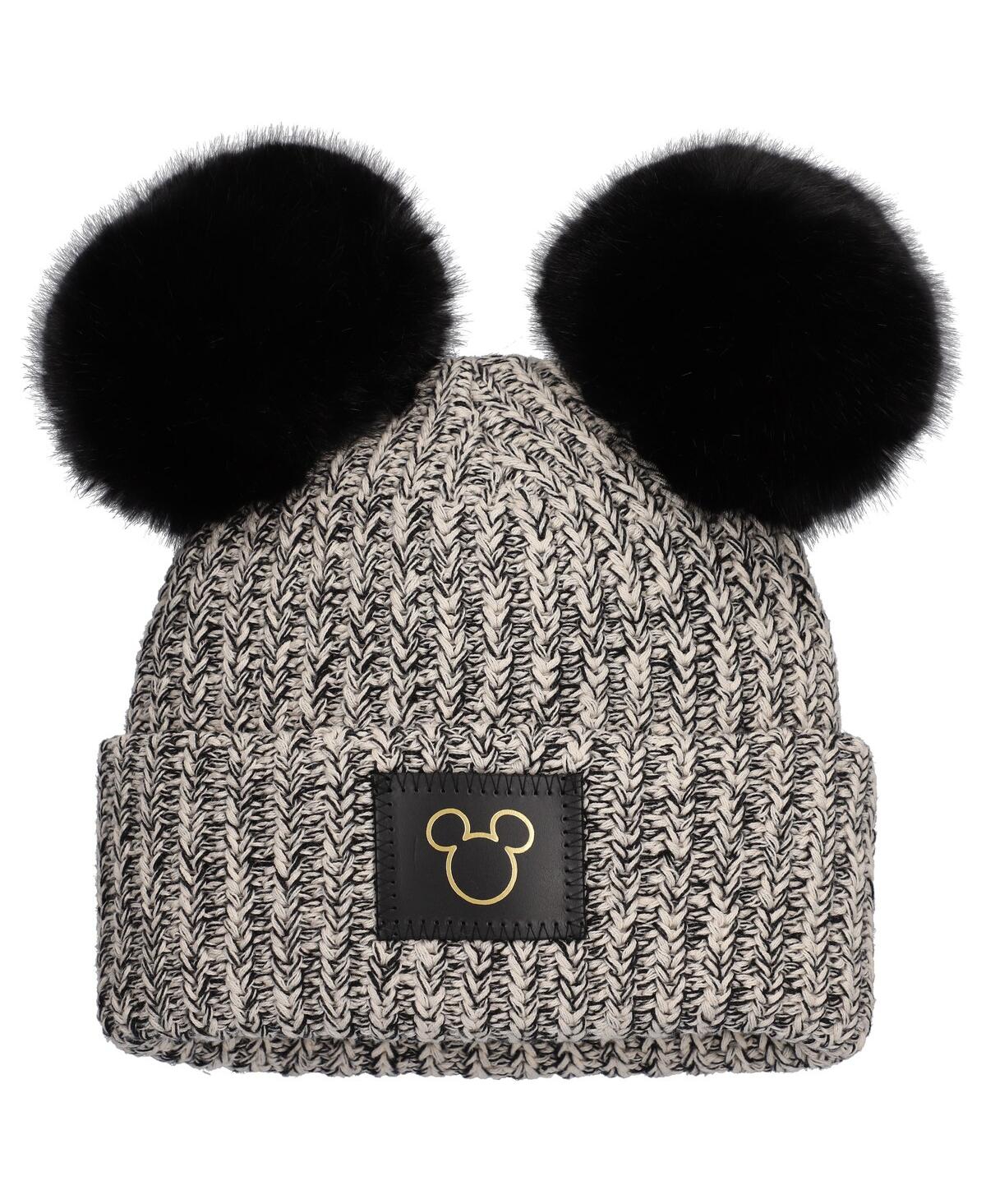 Women's Love Your Melon Mickey Mouse Black Outline Speckled Cuffed Knit Hat with Double Pom - Black
