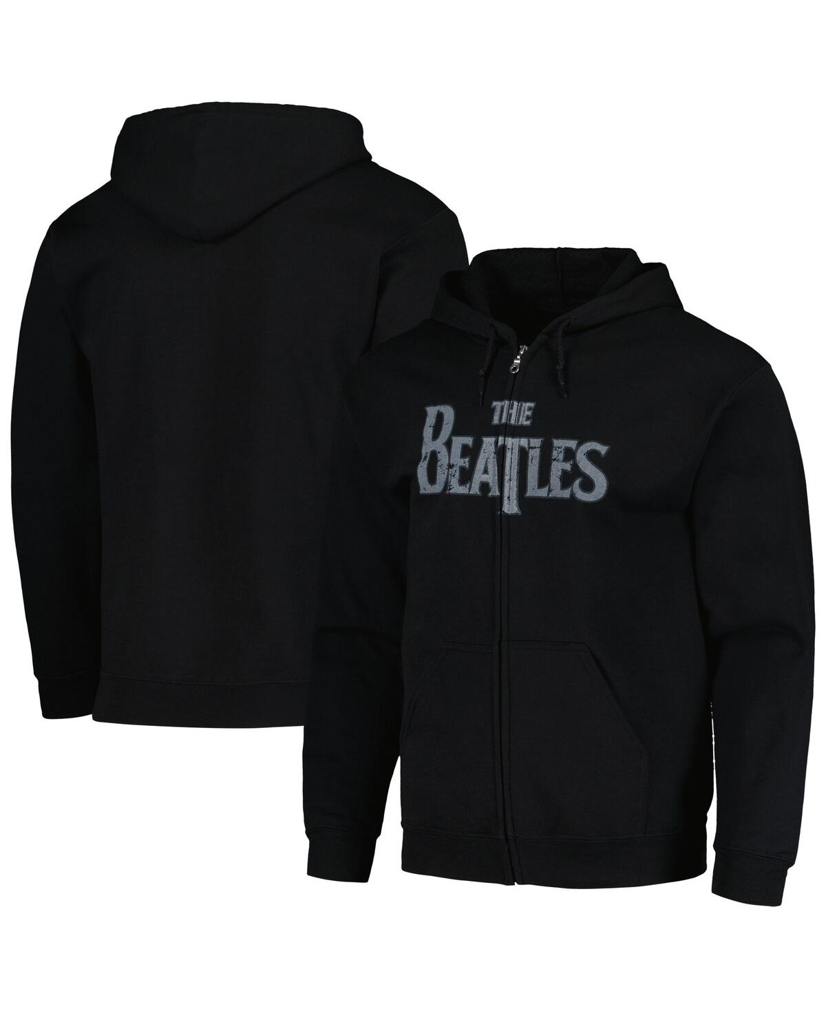 Men's and Women's Black Distressed The Beatles Vintage-Like Logo Hoodie Full-Zip Sweatshirt - Black