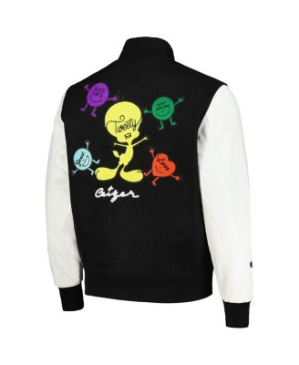 Men's Black, White Looney Tunes Positive Energy Tweety Bird Full-Zip Varsity Jacket