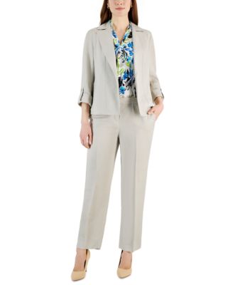 Womens Open Front Seamed Roll Tab Blazer Printed Tie Neck Sleeveless Blouse Mid Rise Straight Leg Ankle Pants