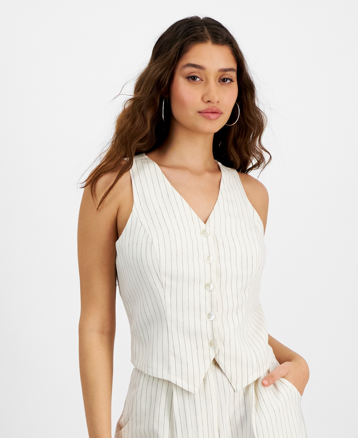 Shop And Now This Women's Linen-blend Vest, Created For Macy's In Cream  Navy Stripe