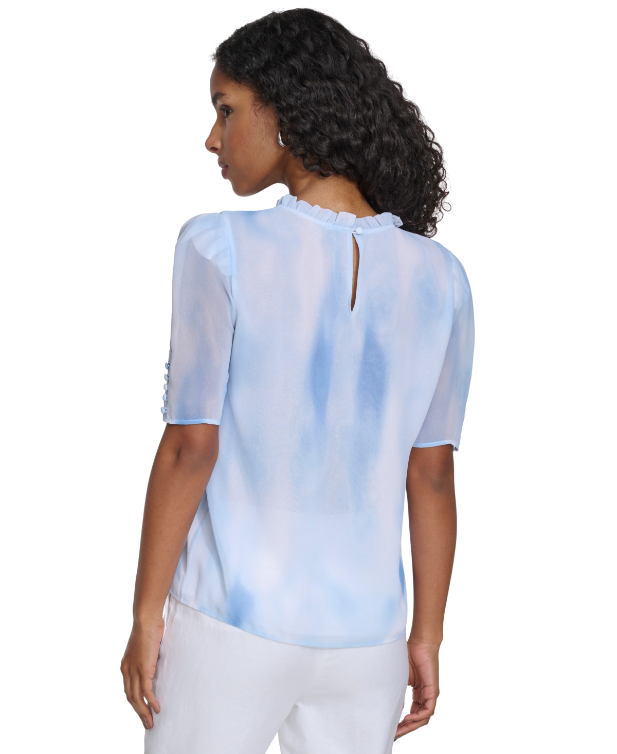Shop Calvin Klein Petite Watercolor-finish Ruffled-neck Top In Breeze Multi