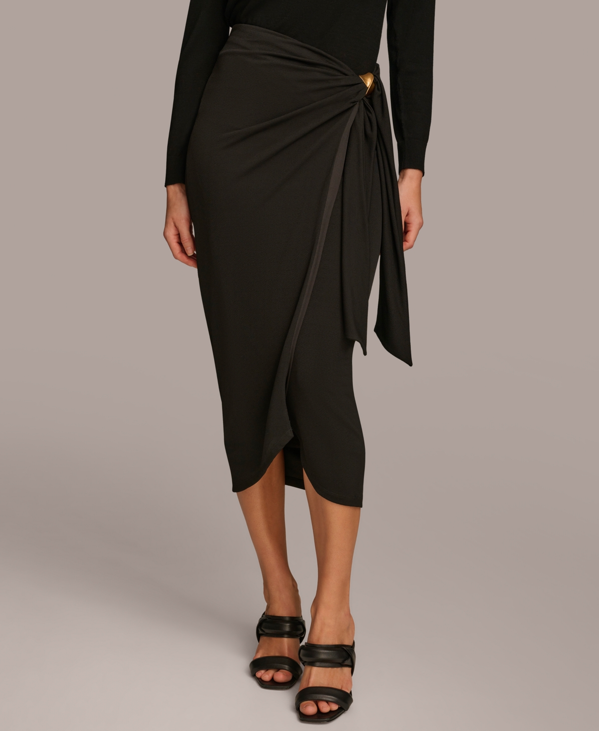 Women's Faux-Wrap Midi Skirt - Black