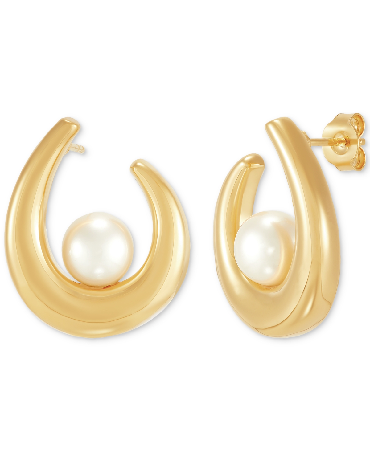 Cultured Freshwater Pearl (7-1/2 mm) Swoop Stud Earrings in 14k Gold - Yellow Gold