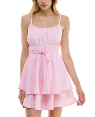 Crystal Doll - Juniors' Textured Tie-Waist Sleeveless Fit & Flare Dress