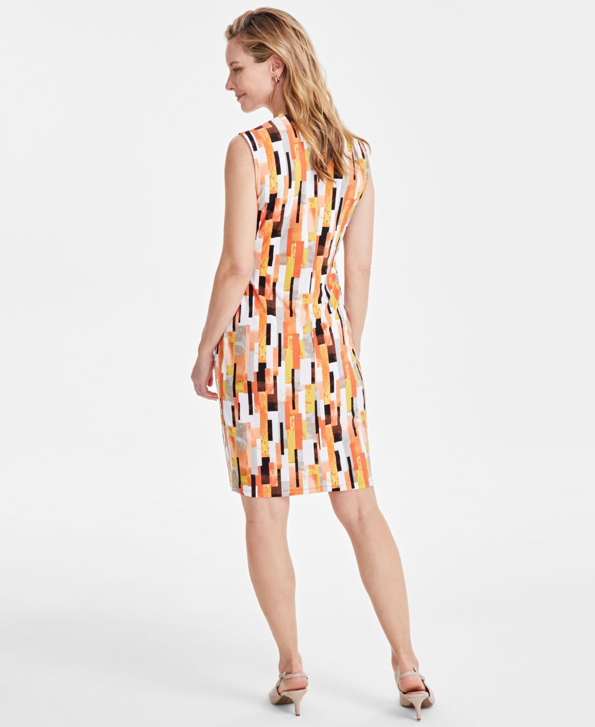 Shop Kasper Women's Printed O-ring Sheath Dress In Lily White,papaya Multi