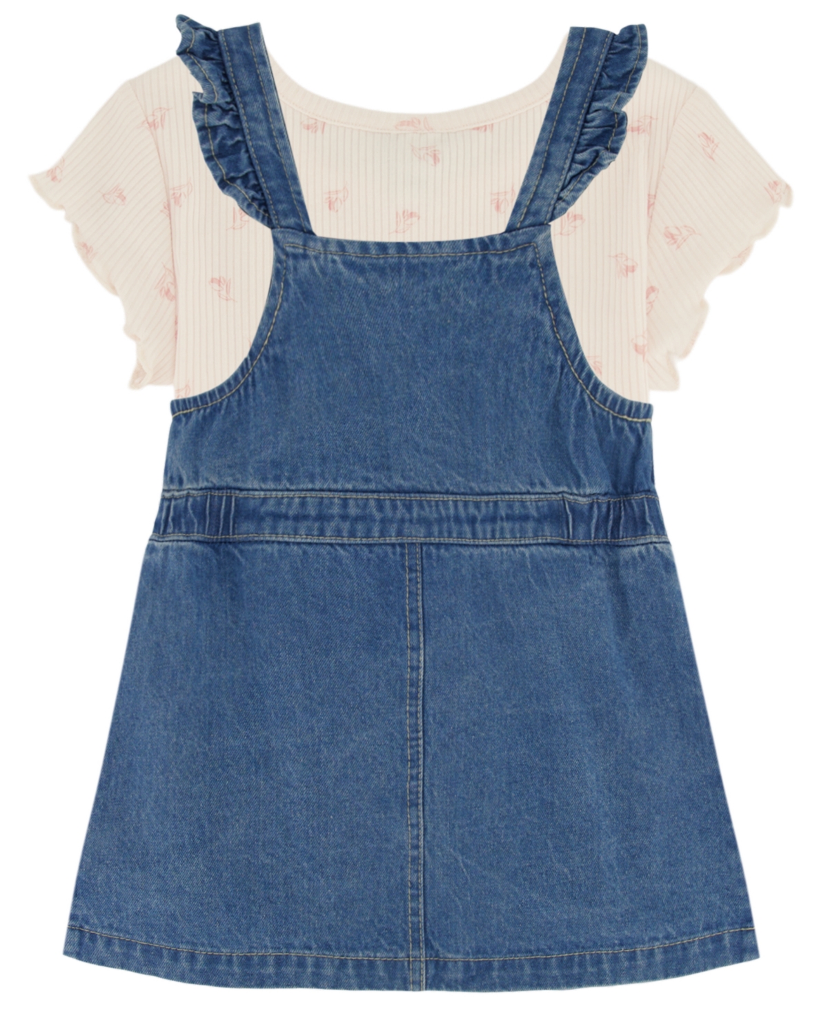 Calvin Klein Toddler Girls Lettuce Edge Ribbed T-shirt and Ruffle-Trim Denim Jumper, 2 Piece Set