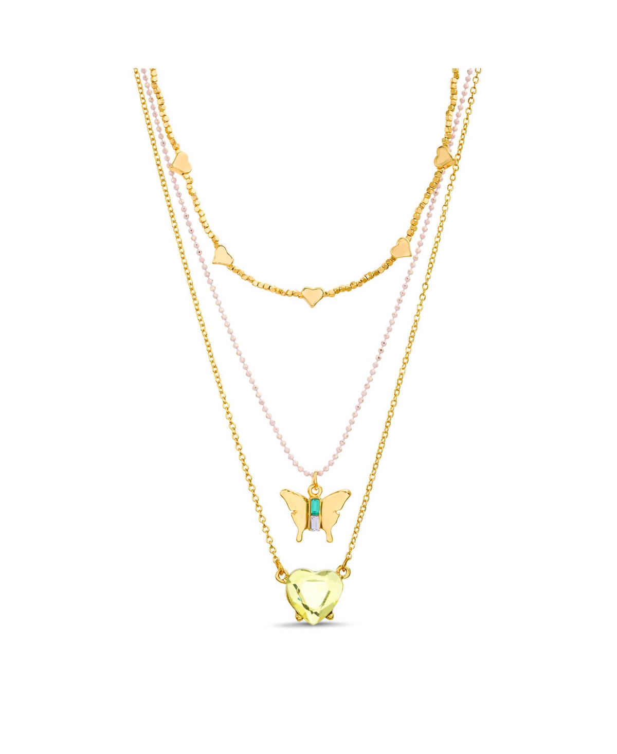 Gold-Tone 3 Piece Layered Necklace Set with Heart and Butterfly Charm Pendants - Gold
