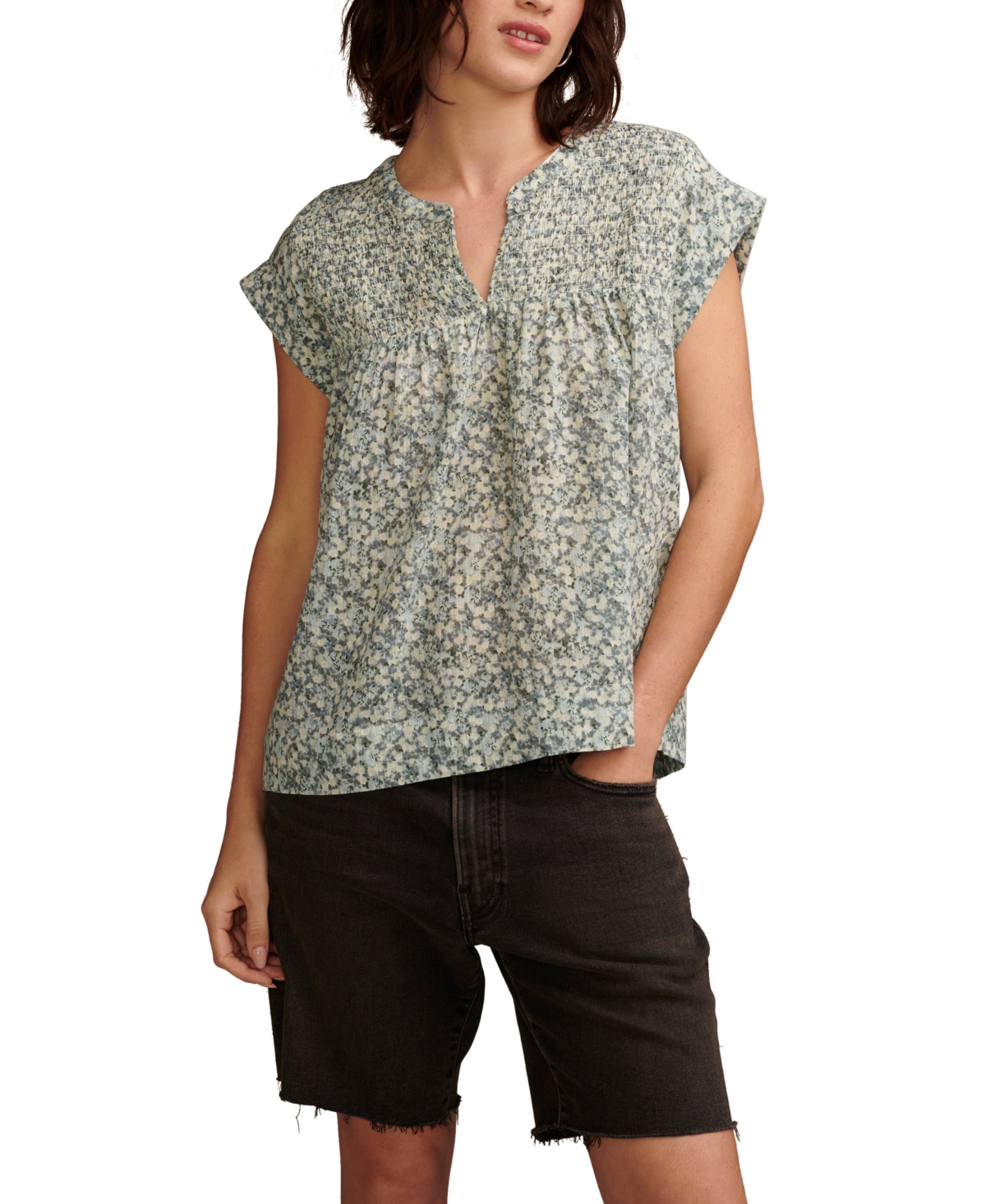 Lucky Brand Women's Printed Smocked Short-sleeve Top In Aqua Multi