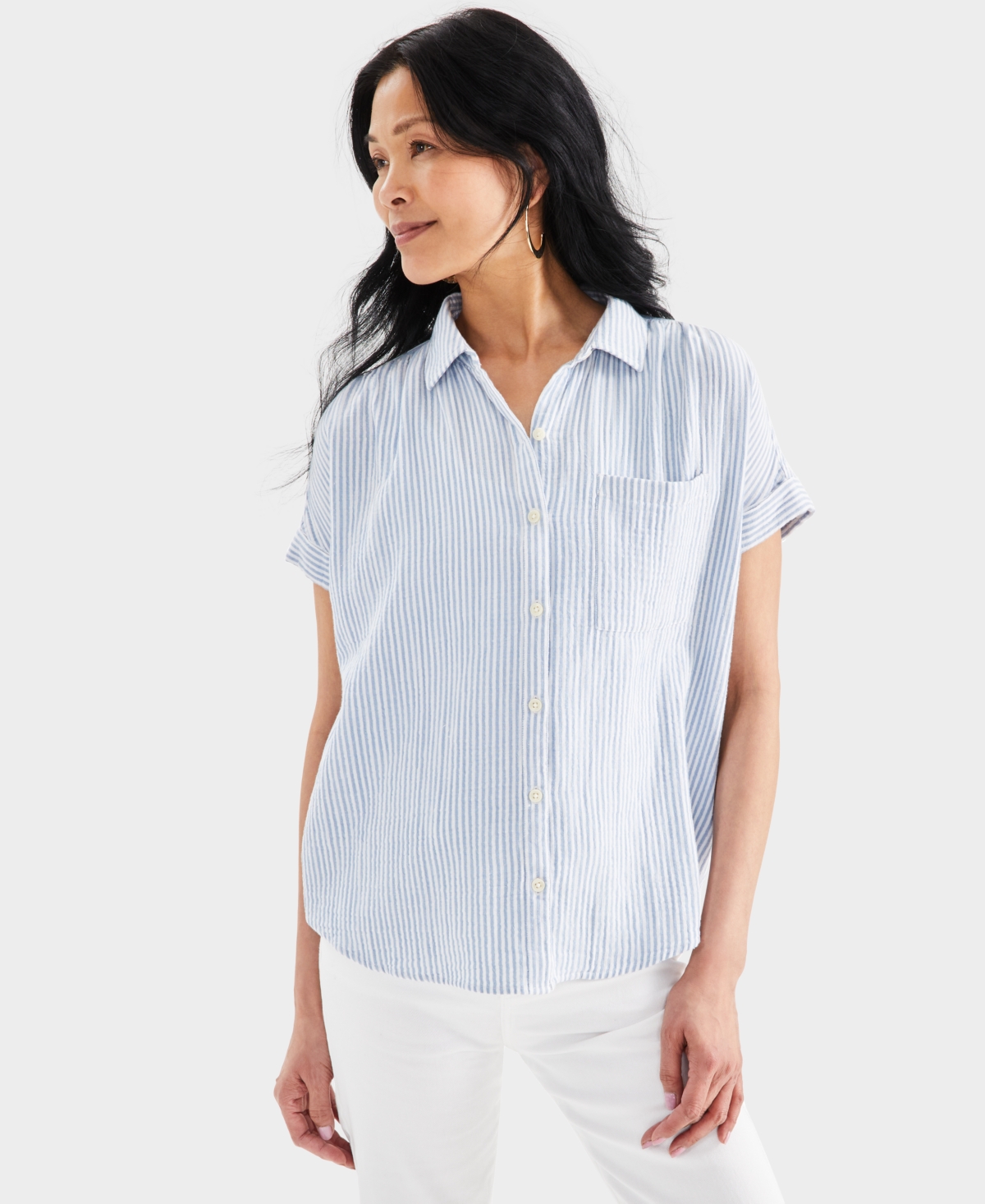 Shop Style & Co Women's Cotton Gauze Short-sleeve Button Up Shirt, Created For Macy's In Blue Stripe