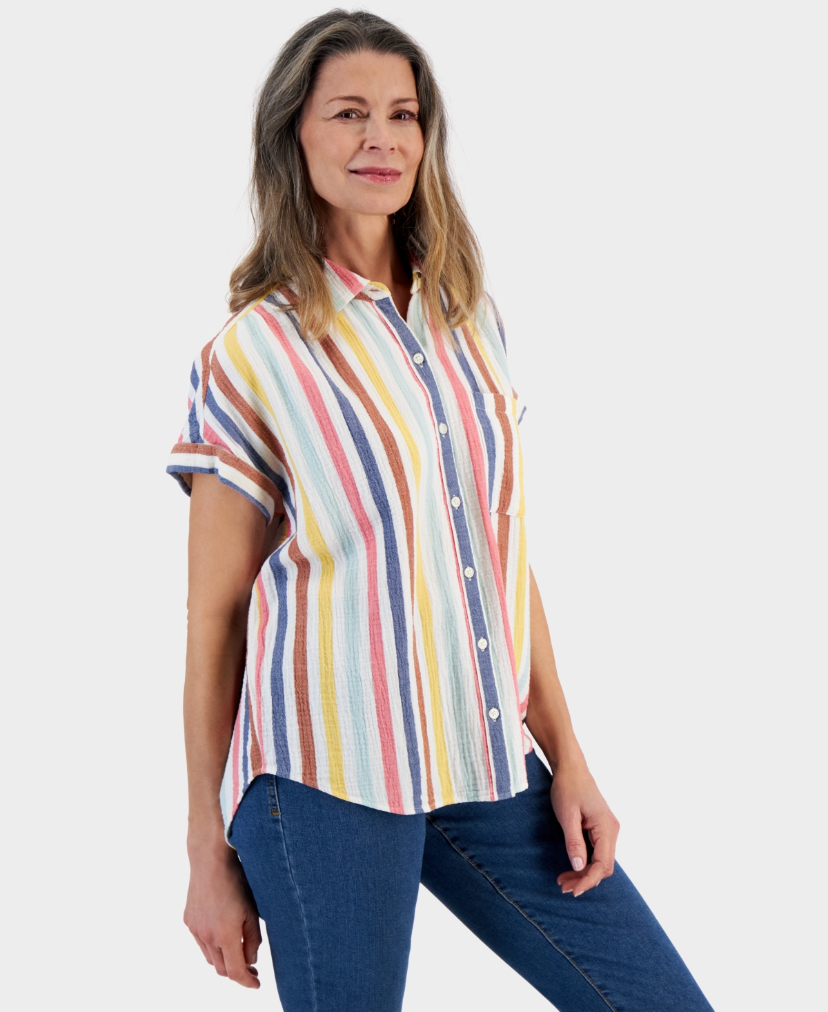 Shop Style & Co Women's Cotton Gauze Short-sleeve Button Up Shirt, Created For Macy's In Multi Stripe