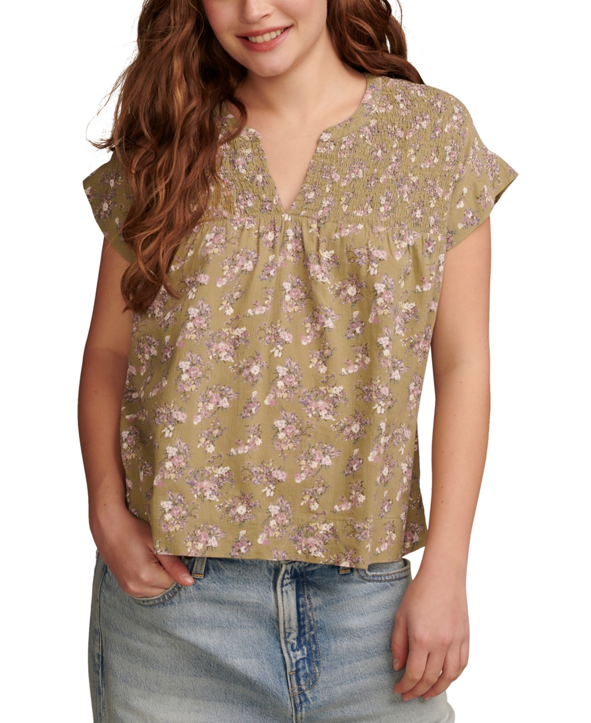 Lucky Brand Women's Printed Smocked Short-sleeve Top In Green Multi