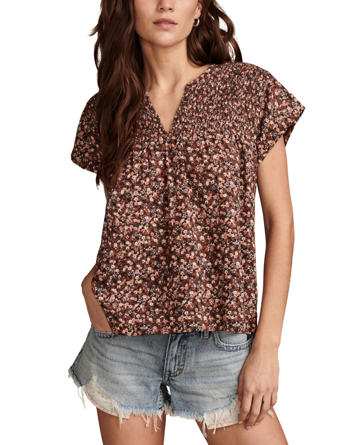 Shop Lucky Brand Women's Printed Smocked Short-sleeve Top In Peach Multi