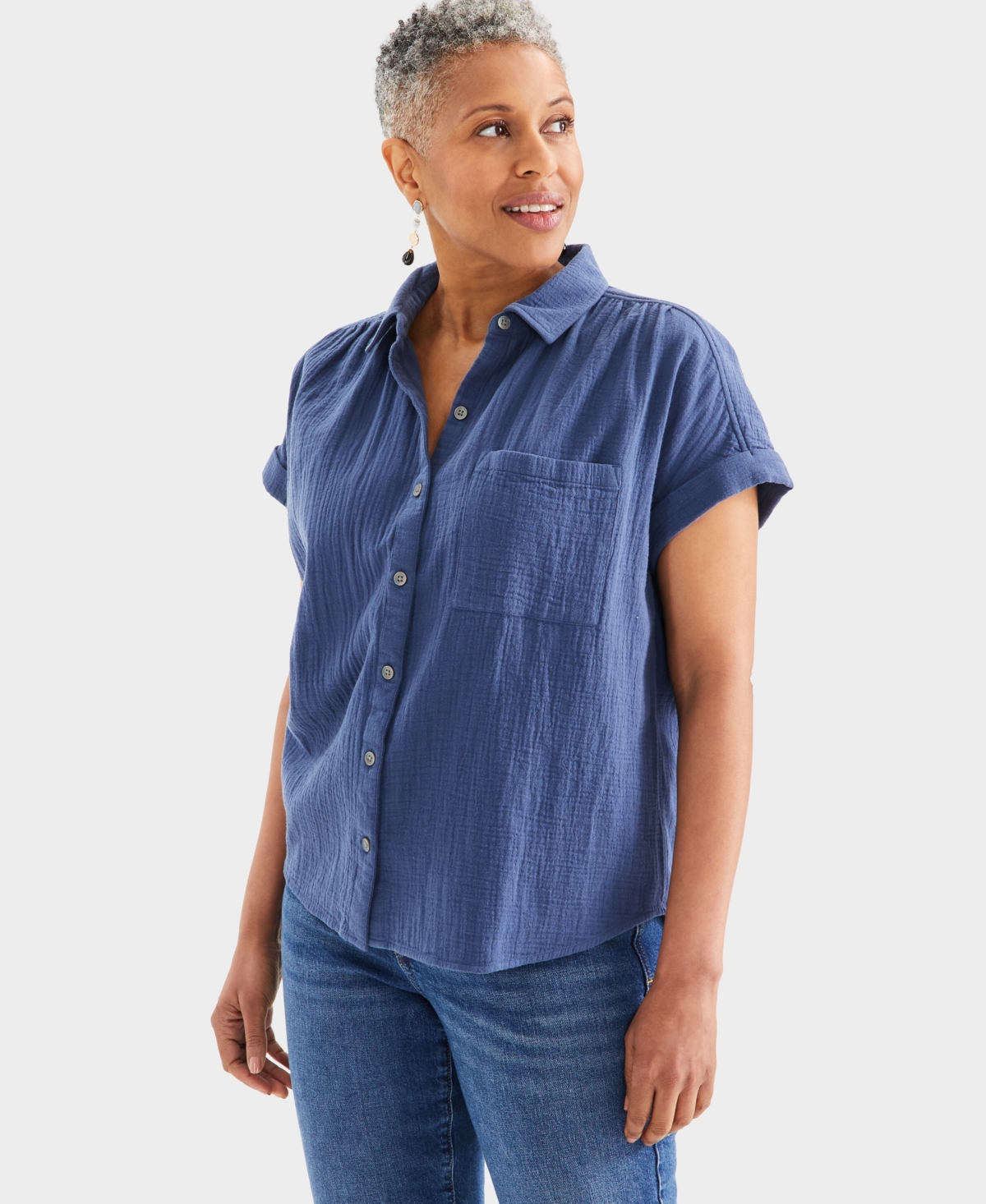 Women's Cotton Gauze Short-Sleeve Button Up Shirt, Created for Macy's - Blue