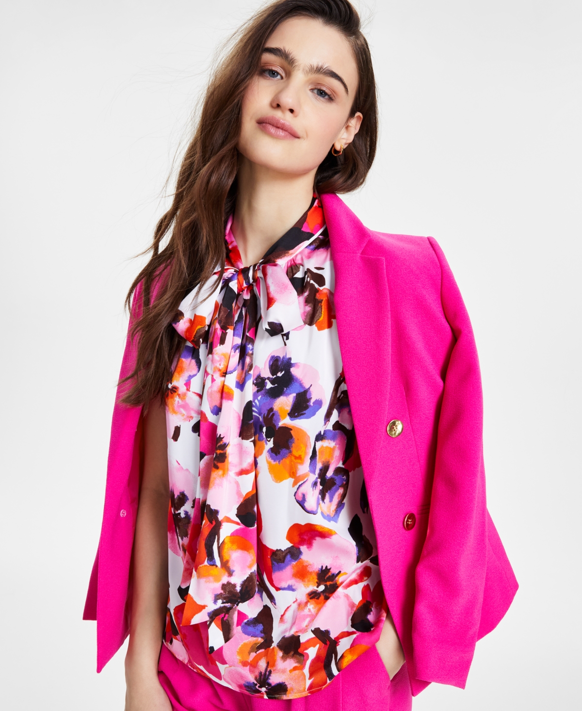 Bar Iii Women's Floral-Print Sleeveless Tie-Neck Top, Created for Macy's -Sunset Rose