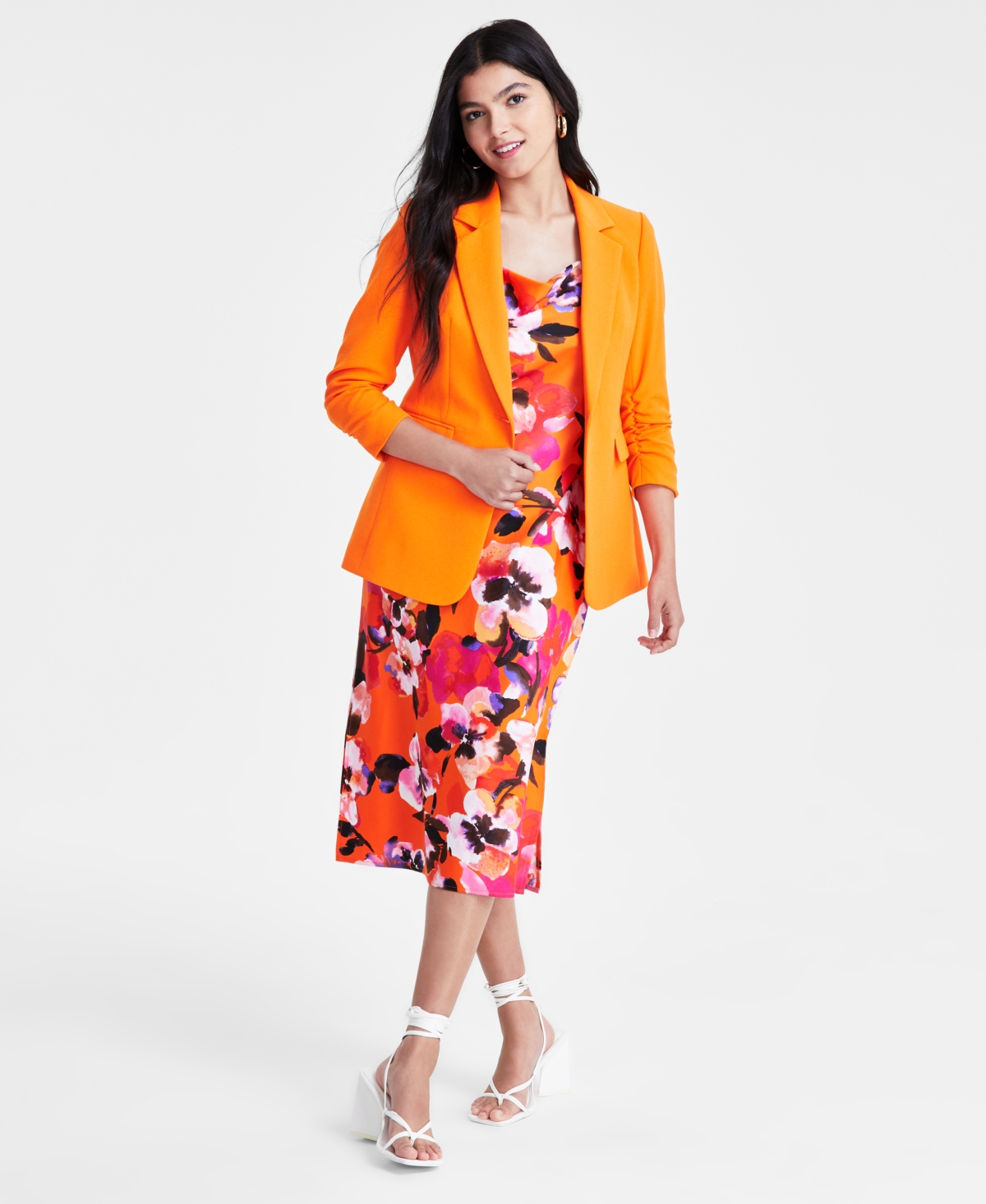 Shop Bar Iii Women's Ruched 3/4-sleeve One-button Blazer, Created For Macy's In Tangerine