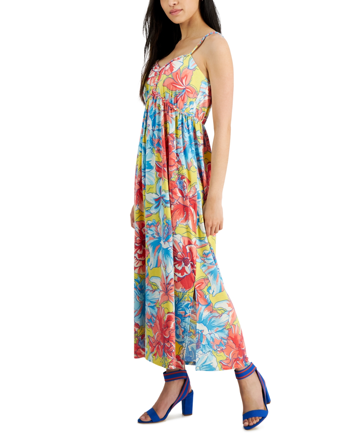 Shop Jamie & Layla Petite Floral Braided-trim Midi Dress In Yellow Pink Floral