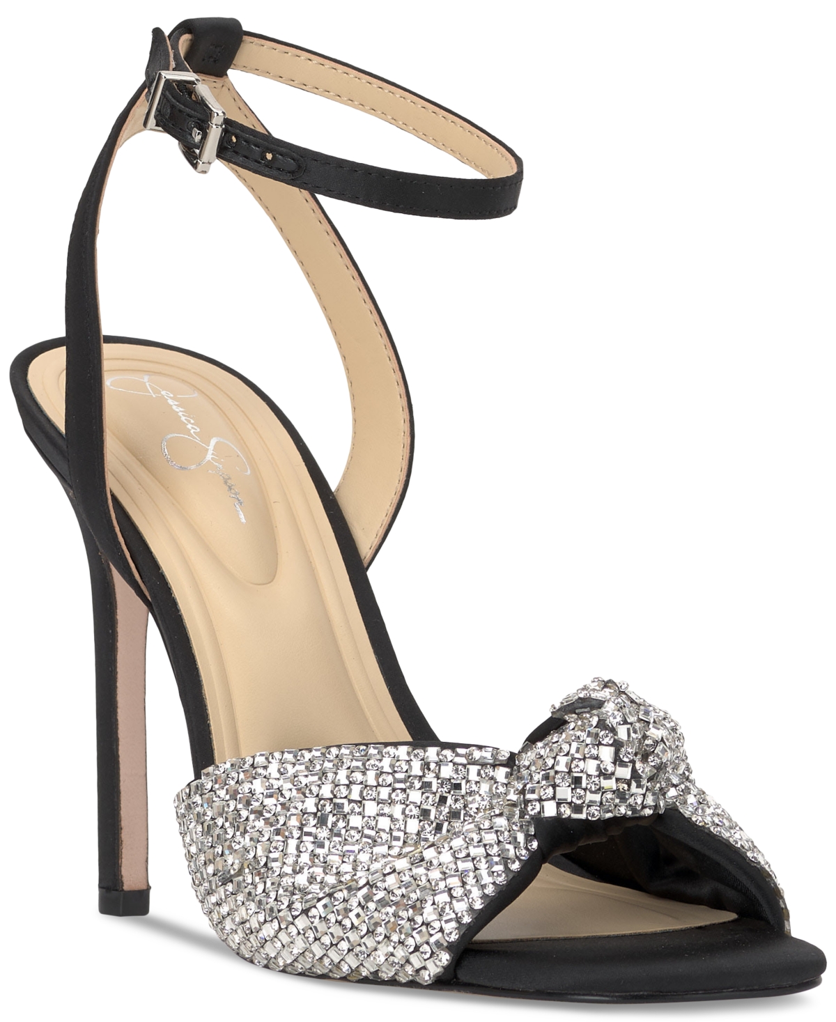 Jessica Simpson Women s Ohela Beaded Knot Ankle Strap Dress Sandals Pewter Satin Smart Closet