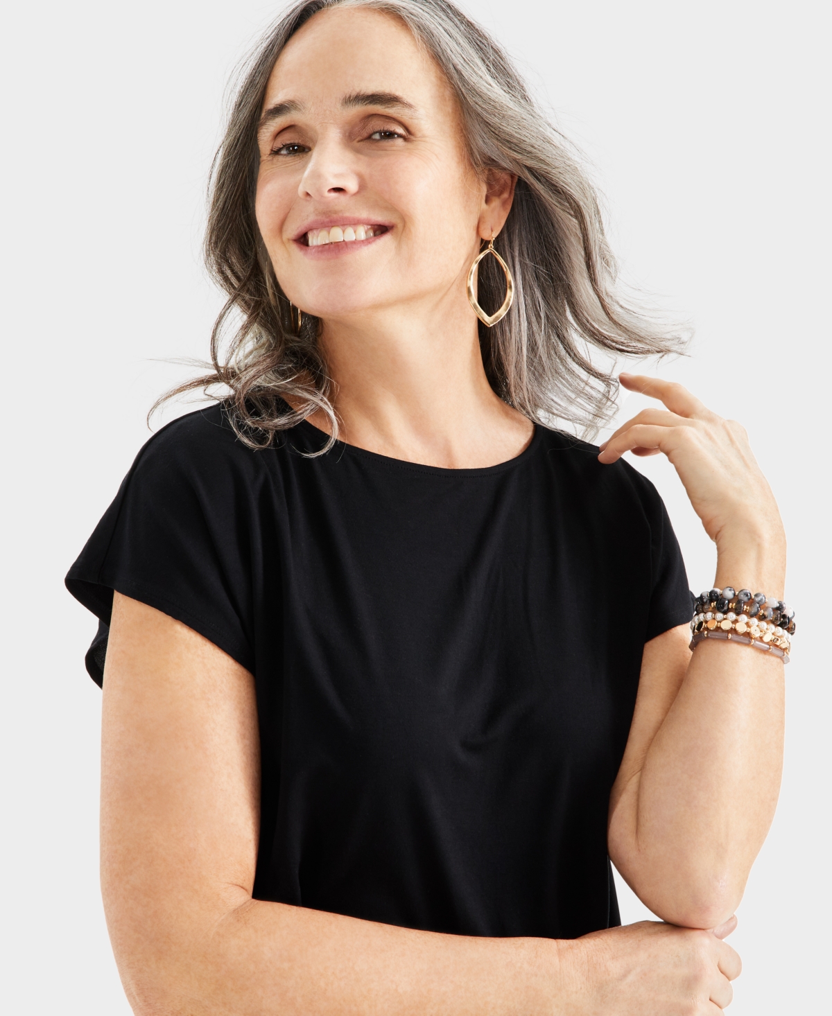 Style & Co Women's Boat-neck Short-Sleeve Mixed Media Tee, Created for Macy's