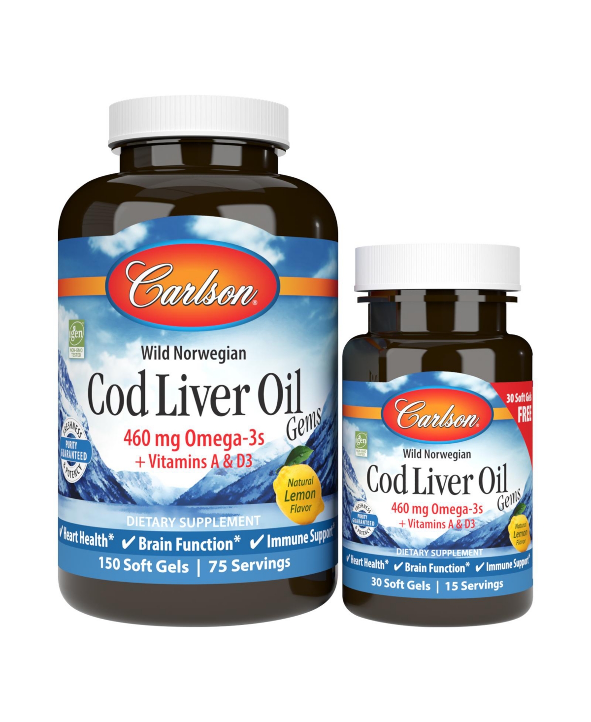 Carlson - Cod Liver Oil Gems, 460 mg Omega-3s + A & D3, Norwegian, Wild Caught, Lemon, Bonus Bottle 150 + 30 Softgels