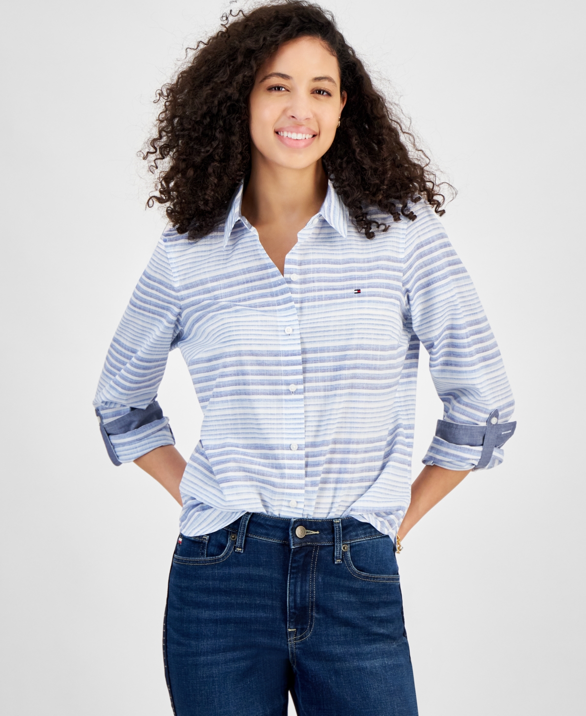 Women's Beach Stripe Cotton Roll-Tab Shirt - Blue Multi