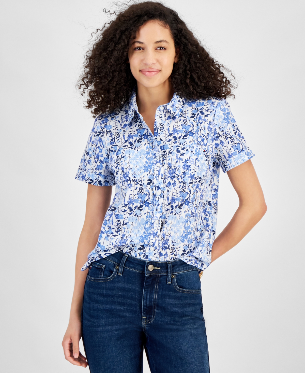 Shop Tommy Hilfiger Women's Garden Floral Cotton Camp Shirt In Breeze Mlt