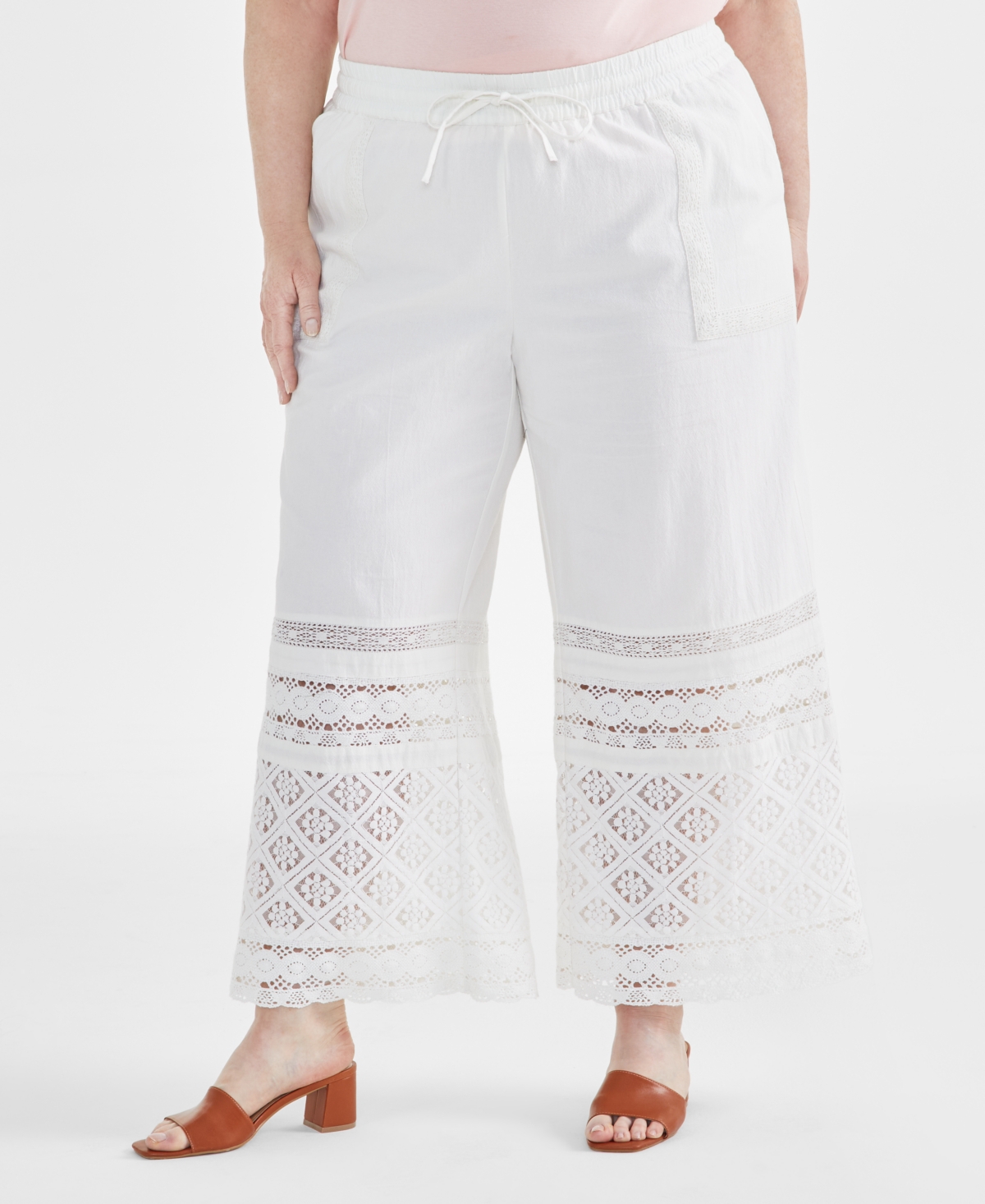 Style & Co Plus Size Cotton Crochet Wide-Leg Pants, Created for Macy's