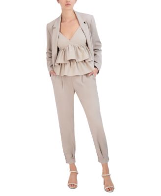 BCBG NEW YORK WOMENS TWILL OPEN FRONT BLAZER TWILL TIERED CAMI TOP TWILL JOGGER PANTS