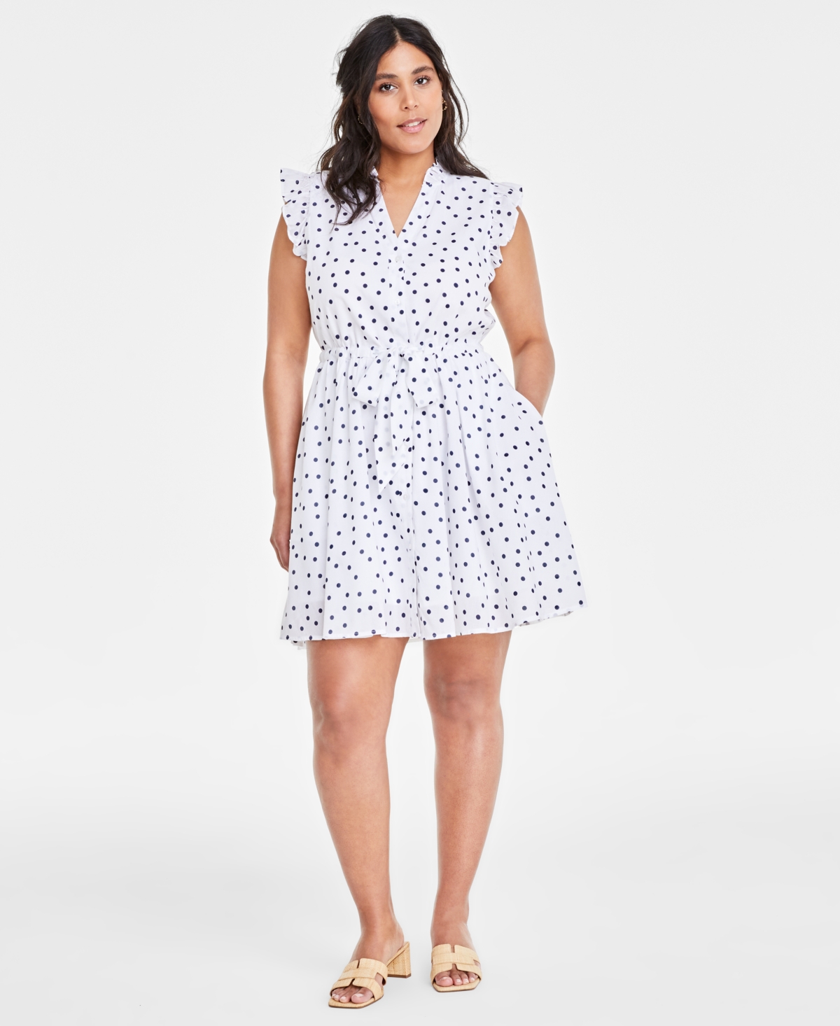 Women's Dot Scatter-Print Ruffle-Sleeve Button-Front Mini Dress, Created for Macy's - White Blue Combo