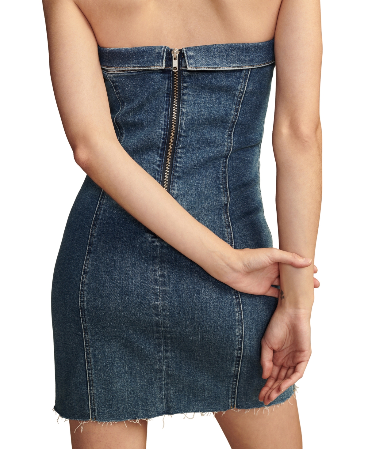 Shop Lucky Brand Women's Strapless Denim Bodycon Mini Dress In Kia