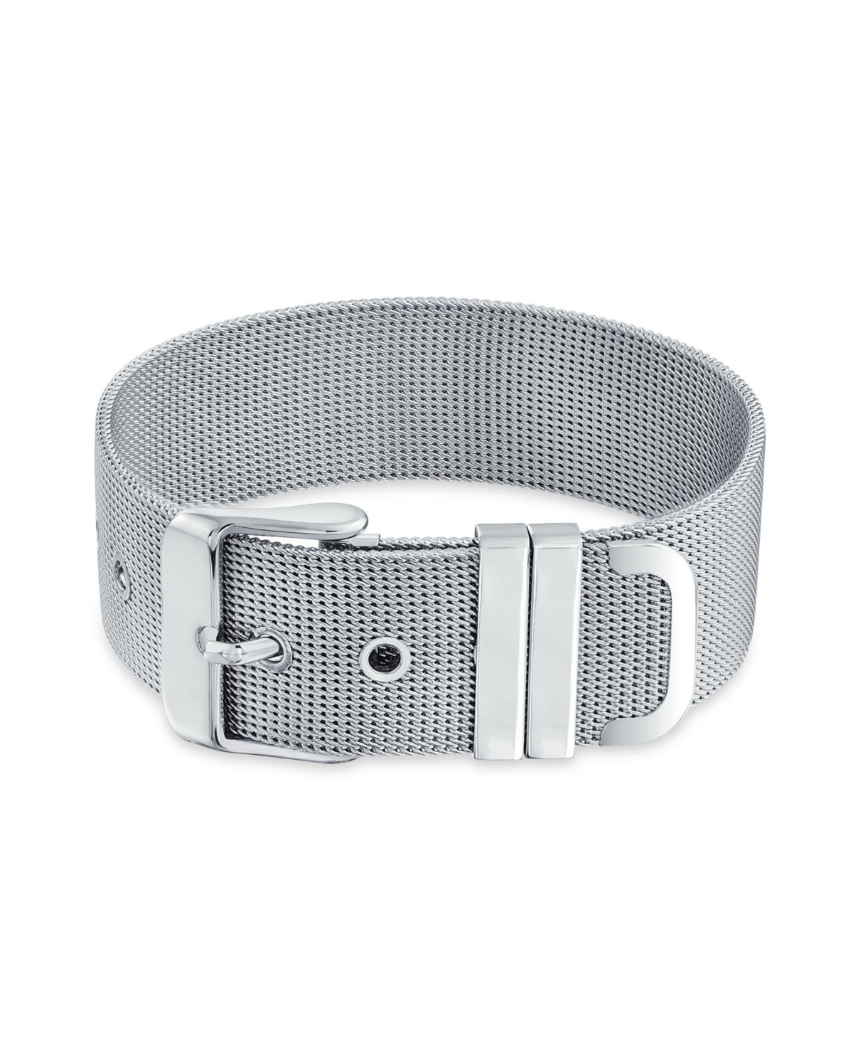 Unisex Wide Band Mesh Belt Buckle Bracelet For Men Women Stainless Steel Adjustable - Silver tone