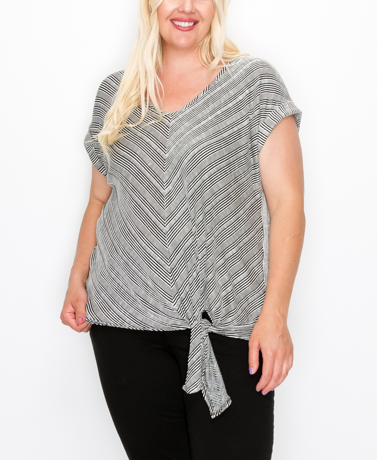 Coin 1804 Plus Size Variegated Textured Stripe Chevron Side Tie Roll Sleeve Top In Black Ivory