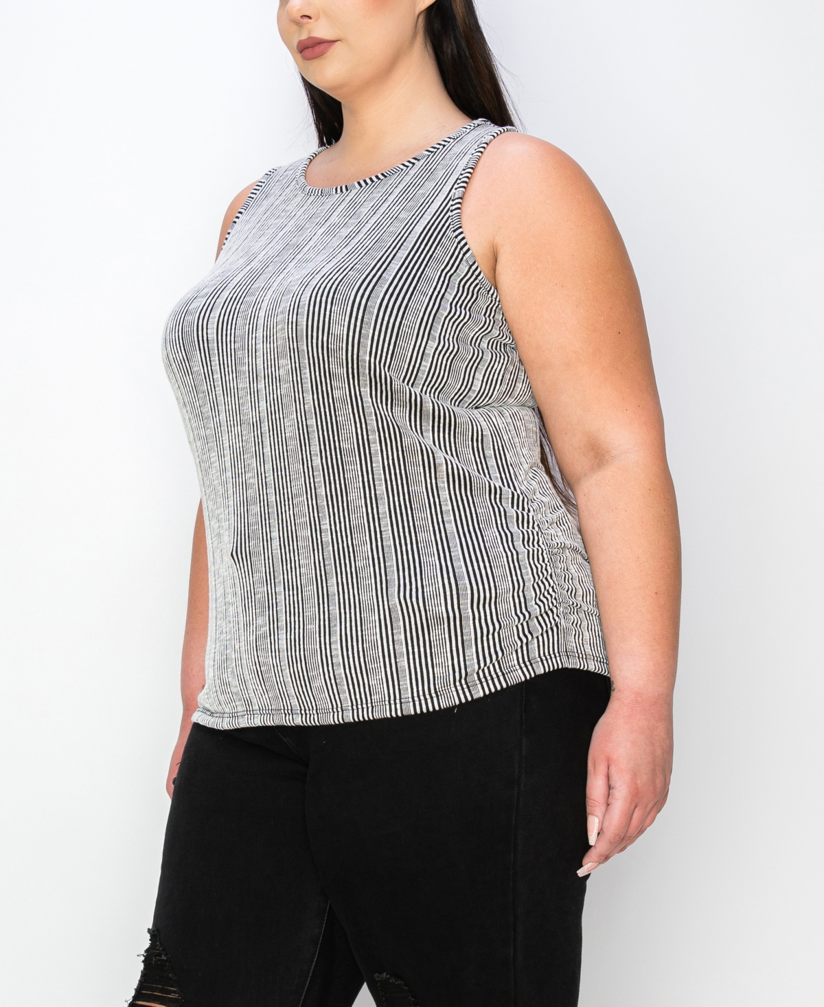 Shop Coin 1804 Plus Size Variegated Textured Stripe Ruched Tank Top In Black Ivory