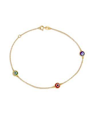 Protection Amulet Minimalist Delicate Multi Color Evil Eye Anklet Ankle Bracelet Yellow Gold Plated .925 Sterling Silver Chain 9-10 Inch Adjustable