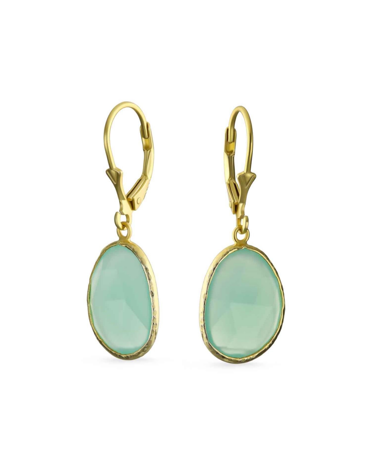 Elegant Oval Faceted Pastel Stone Dangle Bezel Set: Lever Back Earrings Mint Green Simulated Chalcedony 14K Gold-Plated.925 Sterling Silver - Blue