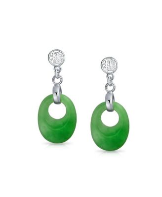Dyed Green Natural Jade Asian Style Chinese Good Fortune Cut Out Circle Round Dangle Earrings Sterling Silver
