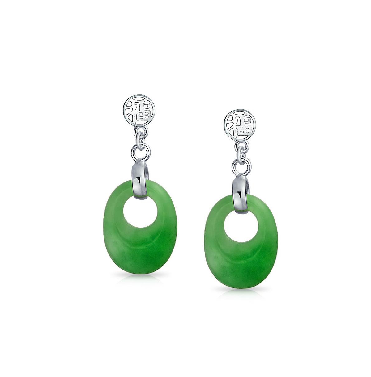 Bling Jewelry DyedNatural Jade Asian Style Chinese Good Fortune Cut Out Circle Round Dangle Earrings For Women Sterling Silver - Green