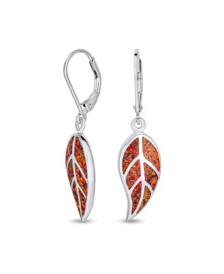 Native American Inspired Red Brown Blue Created Opal Inlay Lever back Nature Leaf Dangle Drop Earrings .925 Sterling Silver