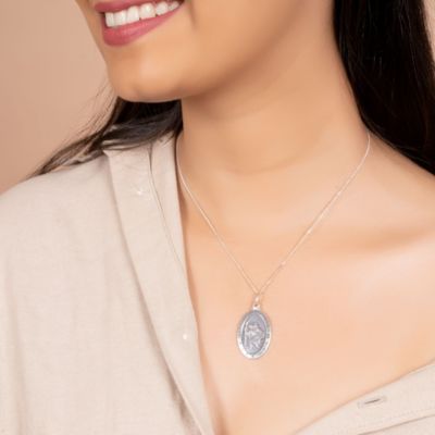 Parton Of Safe Travel "Protect Us" Medal Medallion Oval Saint Christopher Pendant Necklace For Women Sterling Silver