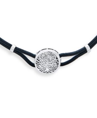 Round Disc Medallion Black Leather Celtic Sun Rising Wishing Tree Of Life Collar Necklace Sterling Silver