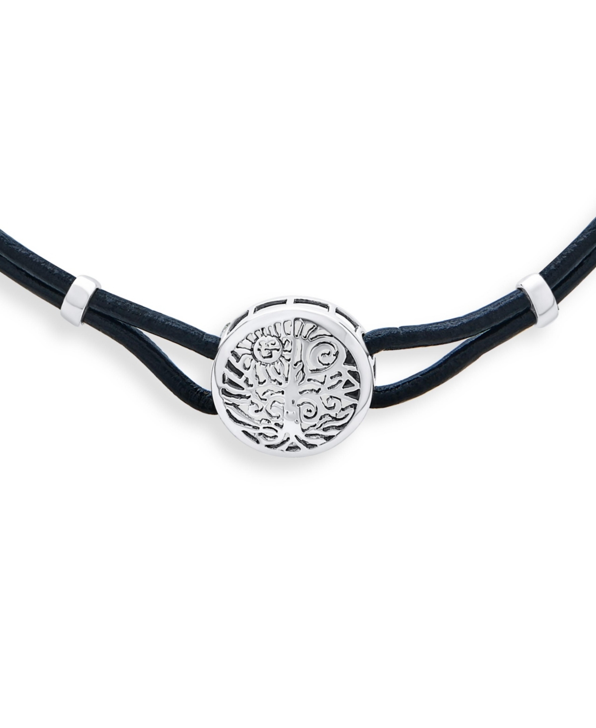 Bling Jewelry Round Disc MedallionLeather Celtic Sun Rising Wishing Tree Of Life Collar Necklace For Women Sterling Silver - Black